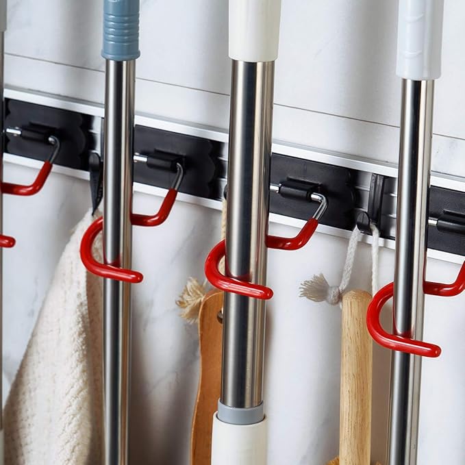 QBOSO Wall Mounted Mop and Broom Holder Stainless Steel S Type Broom Rack Anti-Slip Mop Organizer (17 Inches,4 Positions 3 Hooks, Red black)-NeatNest