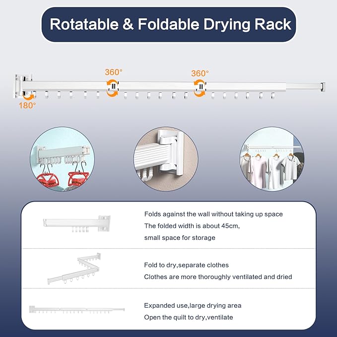 Clothes Drying Rack, Wall Mounted Clothes Hanger Rack Collapsible(Tri-Fold), Space Saver Clothes Rack for Laundry Balcony Mudroom Bedroom,White