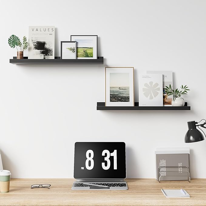 Floating Shelves for Wall, 24 inch Solid Wood Picture Ledge Shelf, Picture Shelf for Wall with Ledge, Floating Book Shelves for Living Room Bedroom Kitchen Nursery Decor, Black, Set of 2-NeatNest