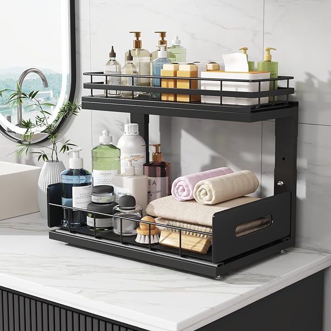 1 Pack Under Sink Organizer Upgrade To Professional Rails,2-Tier Dual Pull Out Cabinet Storage,Height Adjustable Slide Out Drawers For Bathroom Kitchen,Under Sink Shelf-Black-NeatNest
