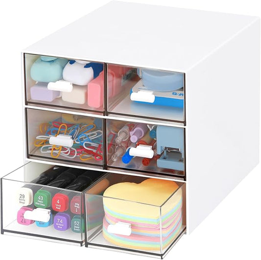 Desk Organizer with 5 Drawers, Rectangular Office Stationery Supplies Desktop Drawers, Plastic Makeup Storage, Suitable for Office, School, Home (White & 6 Drawers)-NeatNest