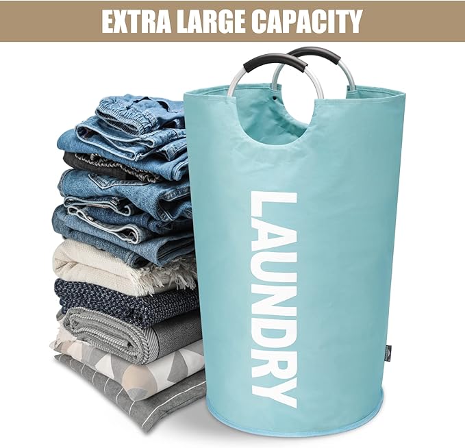 DOKEHOM 90L Large Laundry Basket, Collapsible Laundry Bag, Freestanding Tall Clothes Hamper, Foldable Washing Bin (Light Blue)-NeatNest