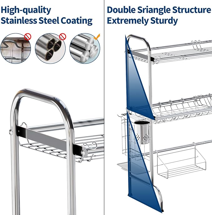 MOUKABAL Dish Drying Rack - Stainless Steel Over The Sink Dish Drying Rack (Expandable Length), 2 Tier Large Dish Rack with Utensil Holder, 32.3" - 33.9"(L) x 11.4"(W) x 32.3"(H) Silver