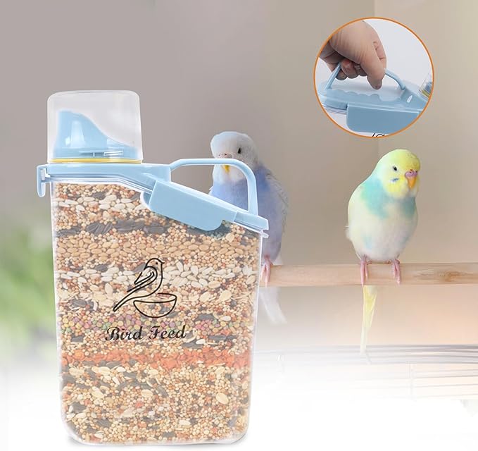 Bird Seed Storage Container,2.8L Airtight Bird Food Container with Handle and Measuring Cup,Portable Pet Food Container for Wild Bird Sunflower Seed-BPA Free Transparent/Blue-NeatNest