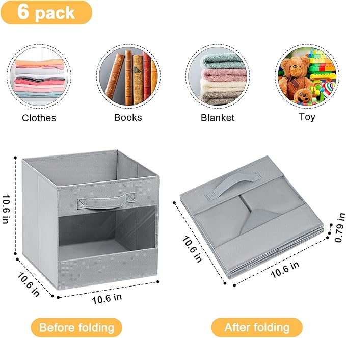 DIMJ Storage Cubes, 6 Pack Foldable Bins for Organization, 11 Inch Cube Storage Bin, Storage Baskets for Shelves, Versatile Closet Organizer for Clothes, Toys, Books (Grey)-NeatNest