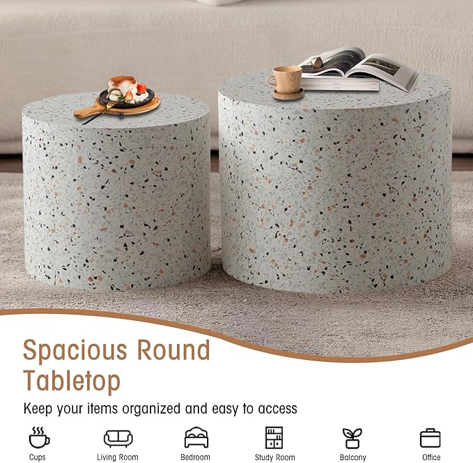 Round Nesting Coffee Table Set of 2 Terrazzo Round Drum Fluted Coffee Tables for Small Space Modern Stacking Nesting Tables Minimalist Circle Center Table 2 Piece for Living Room (Terrazzo)
