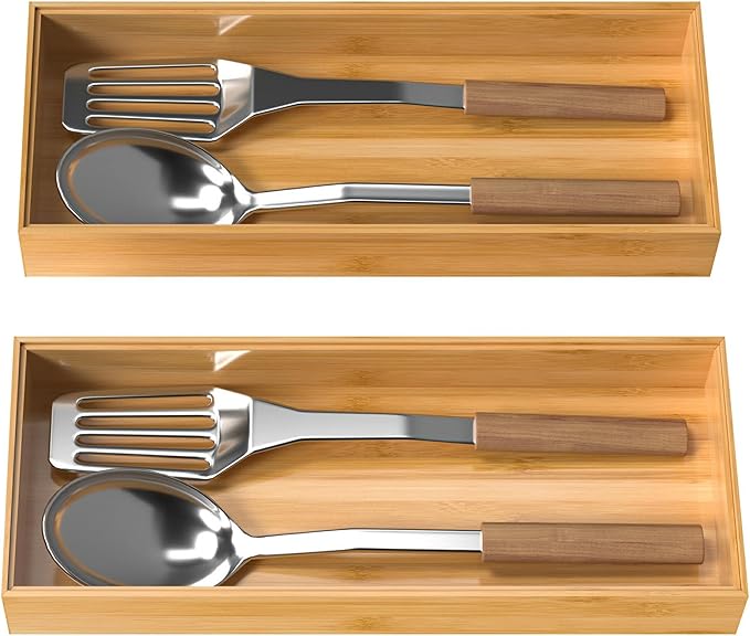 Bamboo Drawer Organizer, Stackable Utensil Organizer for Kitchen, Bamboo Storage Box Wood Silverware Tray for Drawer 15" x 6" x 2" Set of 2-NeatNest