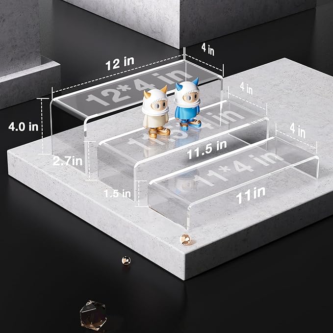 Acina Acrylic Display Risers Stand: 3Pcs 12" Large Acrylic Risers Thickened to 5mm Clear Rectangular Tiered Display Shelf for Cupcake Jewelry Gemstone Curio Figurines Collectibles-NeatNest