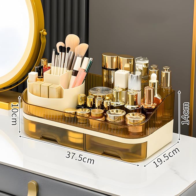 Makeup Organizer Countertop - Dual Drawer Cosmetic Storage with Spacious Compartments for Vanity, Holds 20 Brushes, 12 Lipsticks, 10 Skincare Bottles, Chic Modern Design