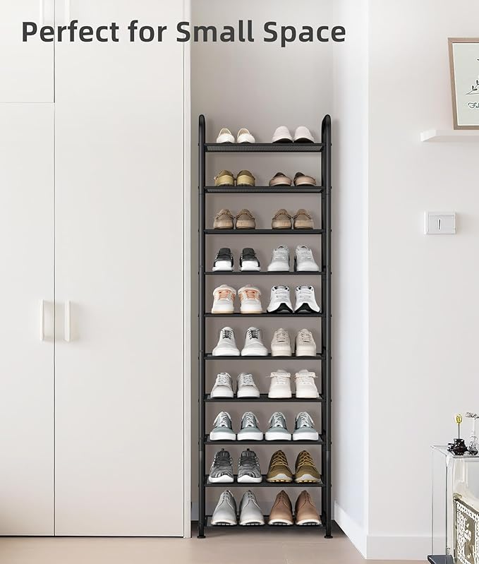STORAGE MANIAC 10-Tier Tall Shoe Rack, 20 Pairs Narrow Slim Shoe Shelf, Metal Frame Shoes Stand for Small Space, Space-Saving Shoes Organizer, Vertical Shoes Tower for Garage, Entryway, Closet, Dorm-NeatNest