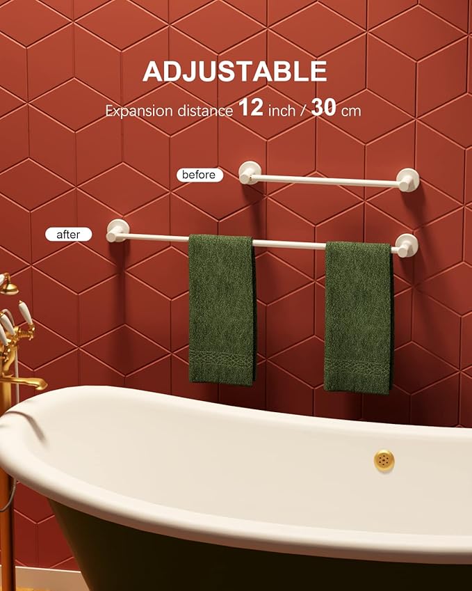 Adjustable Single Towel Bar 16 to 27.6 Inch, iMomwee Oil Rubbed White Finished Stainless Steel Bath Towel Holder, Wall Mounted Towel Rail for Bathroom Kitchen Washroom, 1" Diameter Towel Rod with Hook