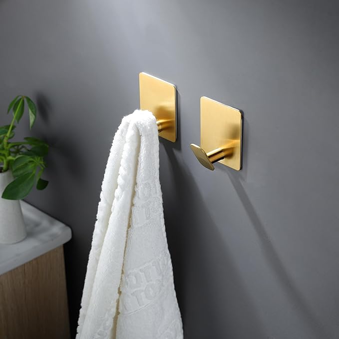 DELITON 8 Pack Gold Wall Hooks - Adhesive Towel Hooks for Bathrooms Kitchen Livingroom Garage, Heavy Duty Hook for Walls, No Damage, Stainless Steel-NeatNest