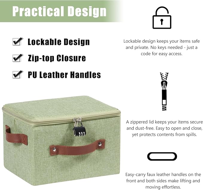 2PCS Storage Bins Box with Zipper Lid Combination Lock PU Leather Handles Cotton Linen Fabric Lidded Lockable Basket Foldable Washable Closet Shelf Organizer Container (Light Green, Small)
