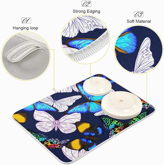 Absorbent Dish Drying Mat for Kitchen Counter - Blue Butterfly Microfiber Drying Pad, Reversible Drainer Mats for Countertop, Large 18" x 24"