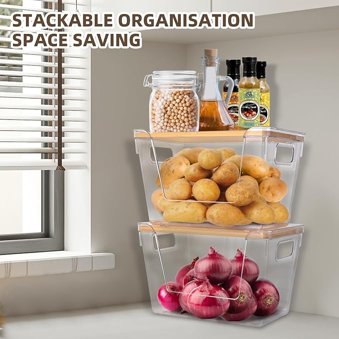 2 Set Pantry Organizers and Storage - Stackable Pantry Storage Bin Containers for Potato, Onion, Garlic, Fruit, Vegetable, Produce - Clear Front Open Kitchen Organization Baskets with Lid