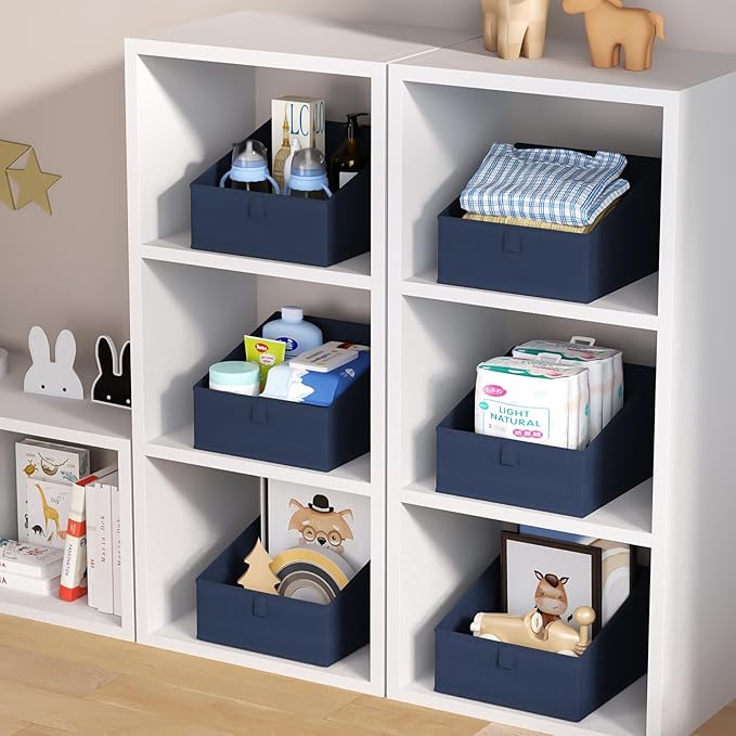 DIMJ Closet Storage Bins 8 Pack - Fabric Trapezoid Organizer Bin, Foldable Storage Baskets for Shelves, Closet Shelf Organizer, Clothing Storage Box for Toys, Books, Towel, Clothes,Navy Blue-NeatNest