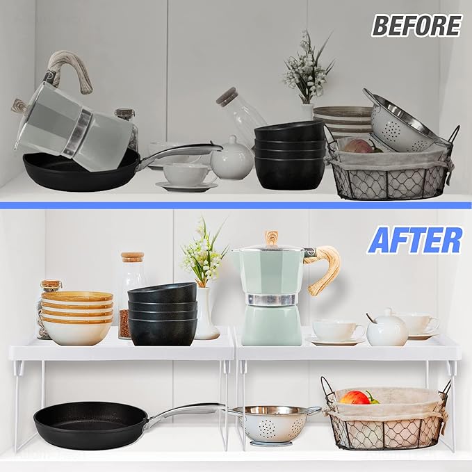 NiHome 4-Pack Stackable Plastic Kitchen Storage Shelf Foldable Rack - White Kitchen Cabinet Organizer and Storage Shelves Stackable Expandable Storage Racks for Counter Cabinet Pantry-NeatNest