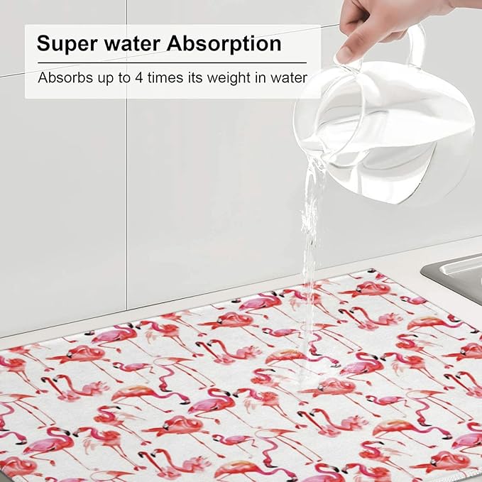 Cute Pink Flamingo Dish Drying Mat For Kitchen Counter, Super Absorbent Microfiber Dish Drying Pad, Kitchen Gadgets For Easy Clean Multi-Use Large 18"x24"-NeatNest