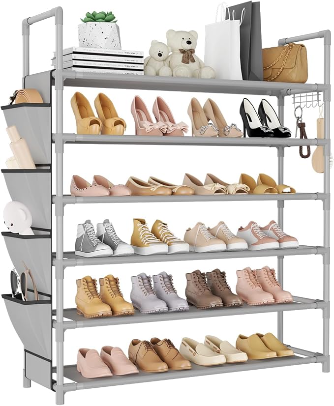 6 Tier Shoe Rack Storage for 24-30 Pairs Shoe and Boot, Shoe Organizer with Hook and Side Pocket Free Standing Long Shoe Shelf Tall Shoe Rack Organizer for Closet, Entryway, Dorm, Grey-NeatNest