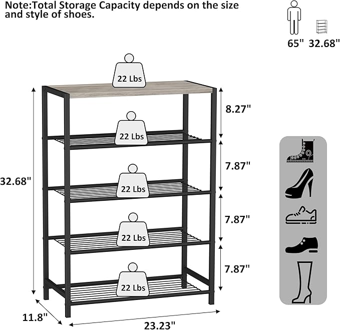 HOMEFORT 5 Tiers Shoe Rack Organizer,23" Shoe Storage Shelf for Closet, Shoe Rack for Entryway, Each Tier Fits 3 Pairs, Shoe Stand with Metal Shelves and MDF Top Board, Washed Gray-NeatNest