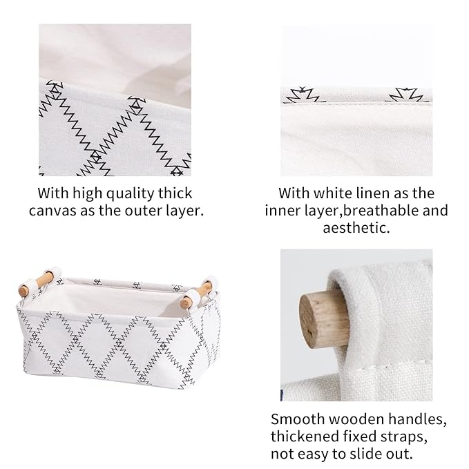 Decorative Collapsible Rectangular Fabric Storage Bin Organizer Basket with Wooden Handles for Clothes Storage,15.4x10.6x5.1 inch,White-NeatNest
