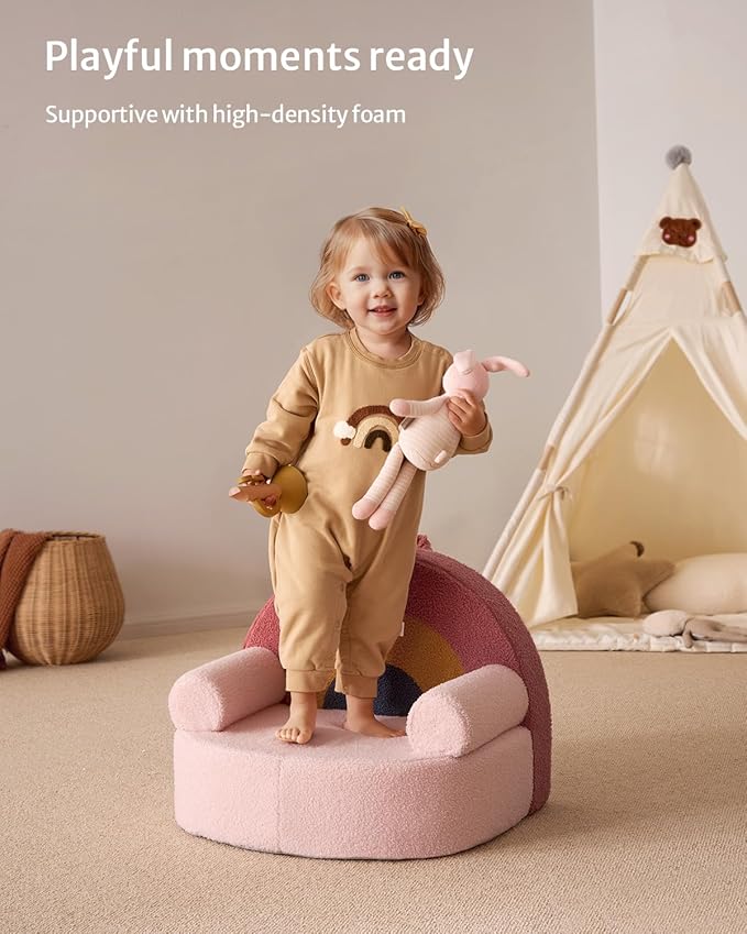 Blissful Diary Toddler Chair Comfy, Foam Kids Chair with Soft Teddy Plush, Toddler Reading Chair with Cute Arclet Designs- Blush Pink-NeatNest