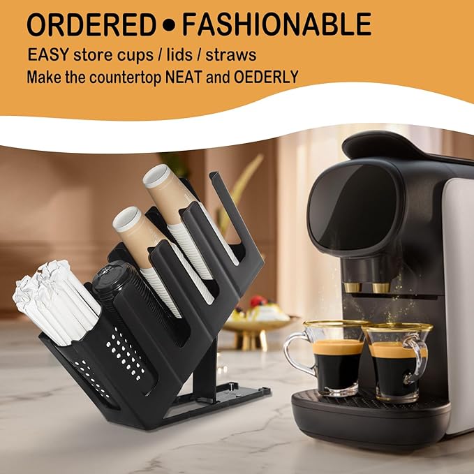 Cup Holder Lid Dispenser with Straw Organizer,4 Compartment 7 Adjusting,Cup Storage Organizer for Breakroom Countertop Coffee Station Bar Restaurant-NeatNest
