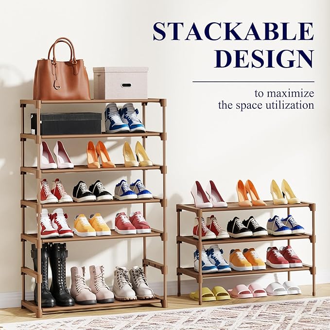 Kitsure Shoe Rack - Non-Woven Shoe Rack Shelf, Shoe Organizer for Closet, Entryway, Garage & Corridor, Stackable Shoe Shelves, Medium, Brown