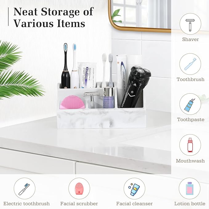 Luxspire Bathroom Counter Organizer, 5 Slot Toothbrush Holder, Marble Bathroom Accessories, Gravel White