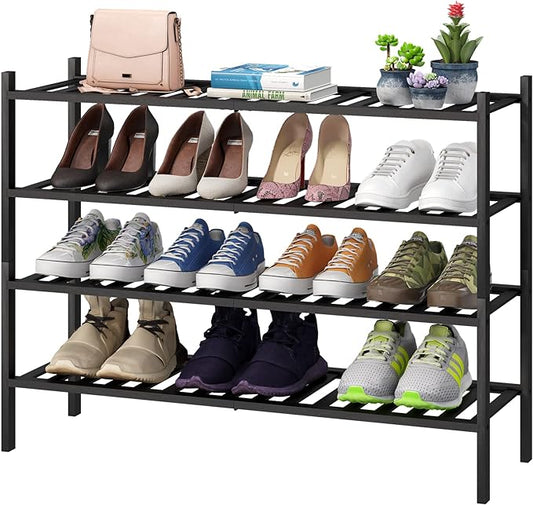 Black 4-Tier Long Shoe Rack, Bamboo Wood, 33-Inch-NeatNest