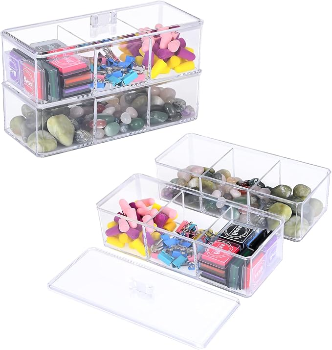 dedoot 3 Compartment Organizer 2 Layers,Plastic Drawer Clear Acrylic Vanity Desk Storage and Organizer, Bathroom Display Storage Container with Lid for Jewelry, Small Items 9.17x3.7X5.82 Inch-NeatNest