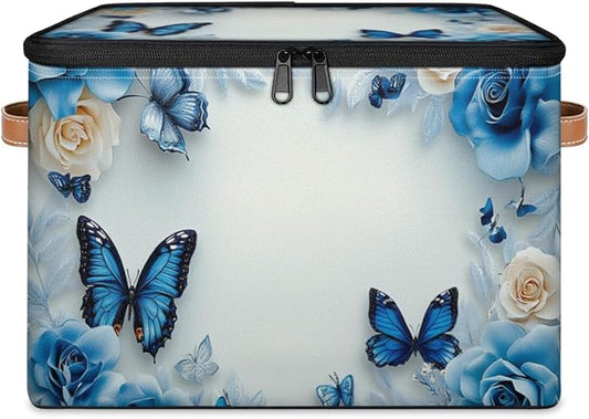Butterfly Storage Bins with Zipper Lid, Blue Rose Lidded Storage Baskets Boxes Foldable Organizer with Leather Handles for Clothes Closet Shelf Toys-NeatNest