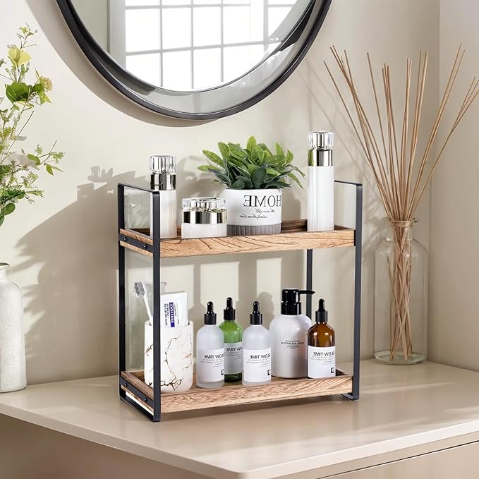 2-Tier Countertop Organizer for Bathroom Counter Wood Bathroom Counter Organizers Shelf Cosmetic Storage, Standing Vanity Tray for Room Organization and Decor