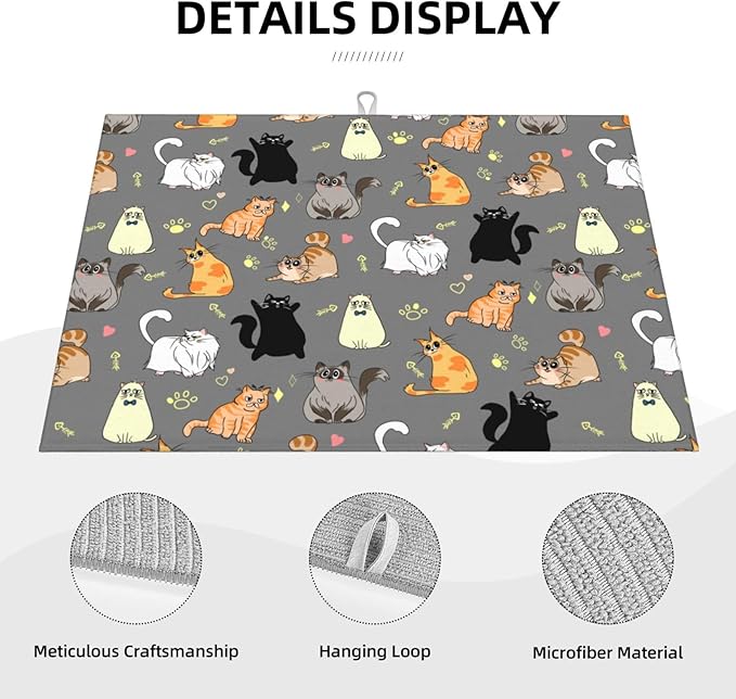Cute Cat Dish Drying Mat 18 x 24 Inch for Kitchen Counter Cute Kitchen Mat Microfiber Kitchen Countertop Absorbent Reversible Drainer Rack Pad Dish Drying Mat 1PC-NeatNest