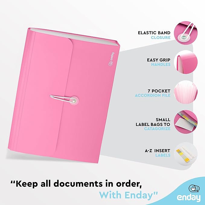 Accordian File Organizer, 7 Pocket Expanding File & Cover Folder with Labels, Plastic Portable Desktop Supplies Letter A4 Paper in Green and Pink (2 Pack) – by Enday