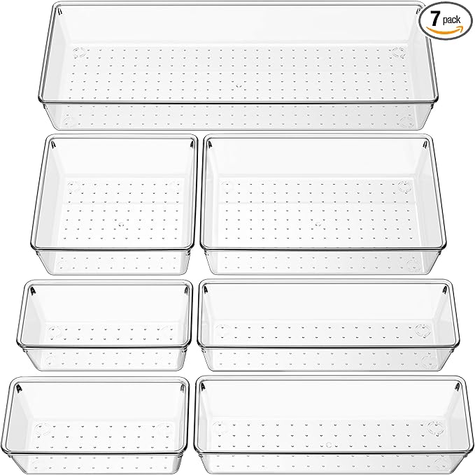 Criusia Clear Drawer Organizer 7 PCS - 5 Size Plastic Versatile Kitchen and Bathroom Organizer Trays, Non-Slip Storage Bins for Makeup, Utensils, Tool and Office Desk-NeatNest