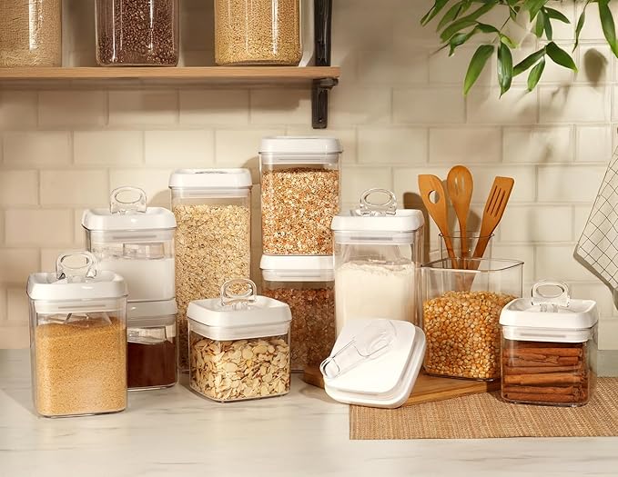Felli Flip Tite Food Storage Container with Scoop & Lid 5" LARGE Airtight Ring Top, Acrylic Canister Jar for Sugar Flour Baking Powder Protein Rice Pasta Kitchen Organizer Gift Set (10pk, Variety)-NeatNest