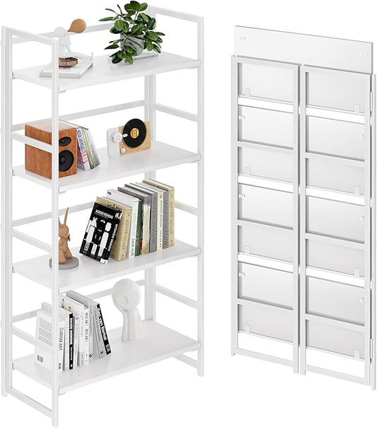 BHG Vintage Multifunctional Folding Bookshelf, No-Assembly Plant Stand Storage Rack Shelves for Home Office (All White, 4-Tier)-NeatNest