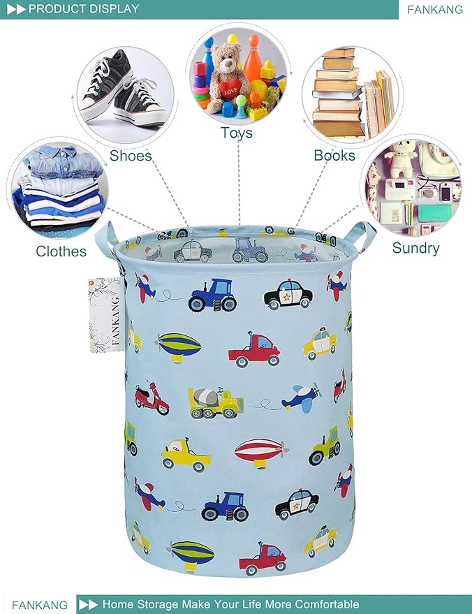 FANKANG Storage Basket, Nursery Hamper Canvas Laundry Basket Foldable with Waterproof PE Coating Large Storage Baskets for Kids Boys and Girls, Office, Bedroom, Clothes,Toys(Car)