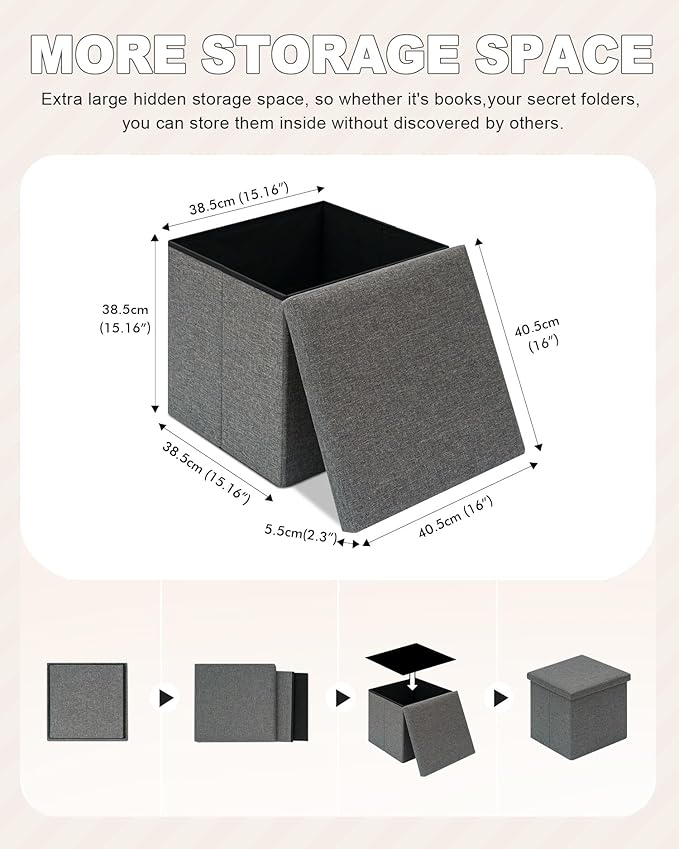 B FSOBEIIALEO Storage Ottoman with Tray, Linen Small Coffee Table Folding Foot Rest Seat Cube, Dark Grey 16"X15.7"x15" Double (2 Pack)-NeatNest