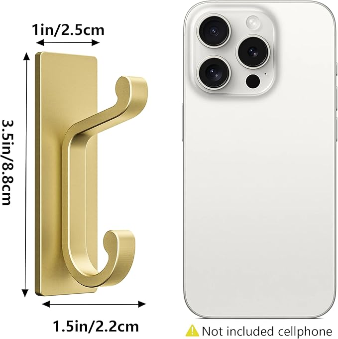 Gold Self Adhesive Wall Hooks for Coats - Stainless Heavy Duty Double Hook for Clothes, Towel, Keys, Purse, Backpack, Bag, Hat, 6 Pack Coat Hook for Door, Bathroom, Bedroom.