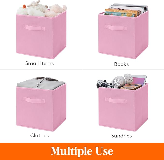 Lifewit 12 Packs Storage Cubes, 11 Inch Cube Storage Bins, Foldable Decorative Fabric Storage Baskets for Organizing Home Organizers with Handles for Shelves, Closet,Pink