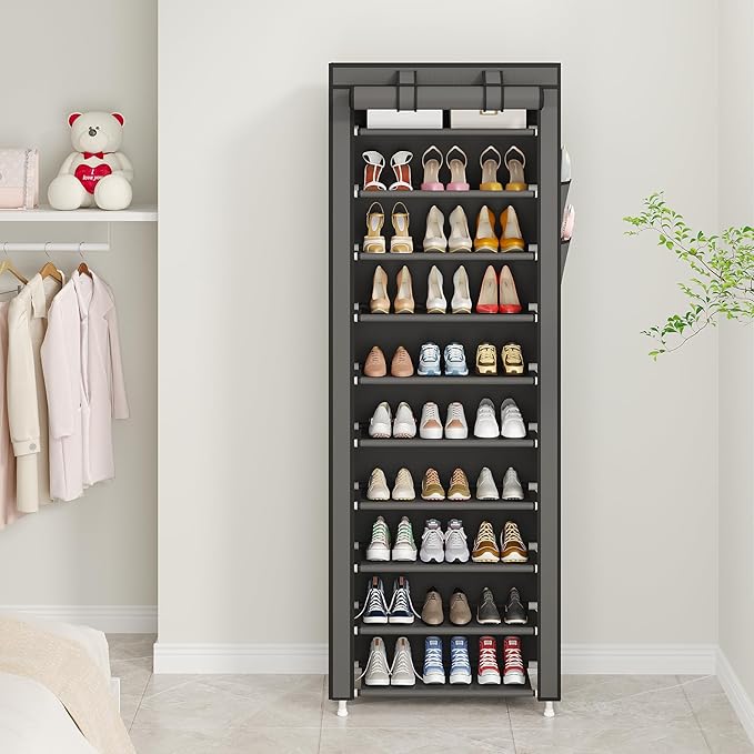 UDEAR 10-Tier Free Standing Shoe Rack Sturdy Shoe Rack Organizer for Closet Entryway Stackable Shoe Shelf with Dustproof Cover,Grey-NeatNest