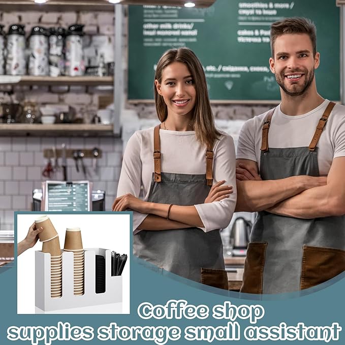 Cunhill 4 Compartments Acrylic Coffee Cup and Lid Storage Organizer Holder Disposable Paper Cup Dispenser Organizer Plastic Lid Holder Accessories for Kitchen Bar Shop Party Supplies (White)-NeatNest