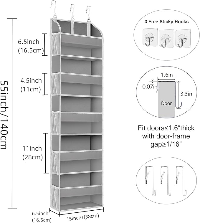 2 Pack Over The Door Storage Organizer with 5 Pockets 10 Mesh Side Pockets, 44 lbs Weight Capacity Door Hanging Organizers and Storage for Bedroom,Bathroom,Nursery,Pantry,Dorm(Light Gray)-NeatNest