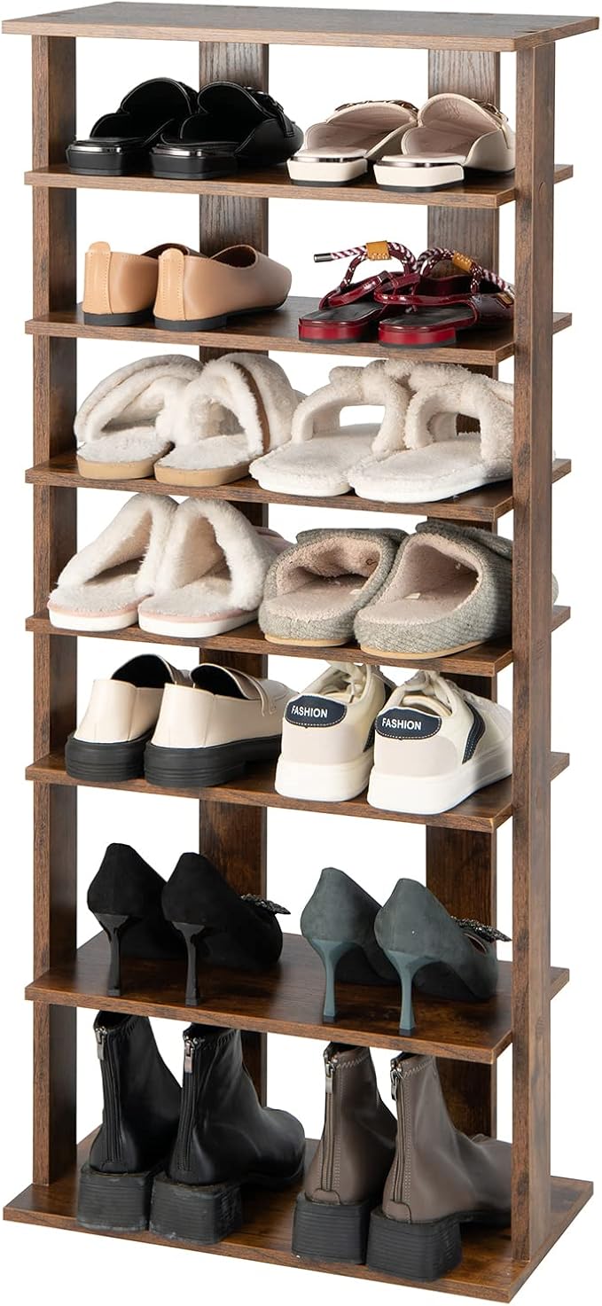 COSTWAY 7 Tiers Shoe Rack, Double Rows Vertical Tall Narrow Patented Shoe Organizer, Free Standing Shoe Rack for Small Space, Entryway, Closet, Living Room, Bedroom (Rustic Brown)-NeatNest