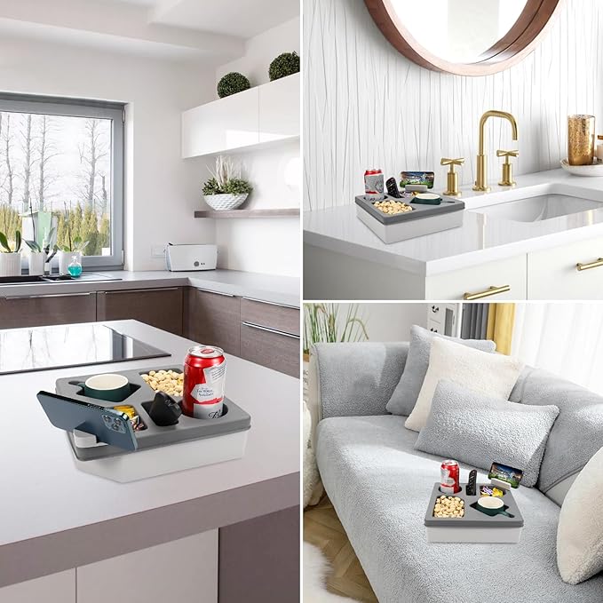 Couch Cup Holder Tray, Silicone Sofa Couch Caddy for Bed Car Seat Beach Organizer, Waterproof Cup Holder with Phone Stand for TV Remote, Snacks, Drinks, Cellphone (Grey)-NeatNest