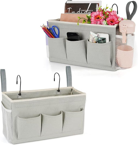 Bedside Caddy Organizer with Fixed Straps & Water Bottle Holder for Home, College Dorm, Bunk Bed, Hospital & Crib Bed Rails (2 pcs, Grey)-NeatNest