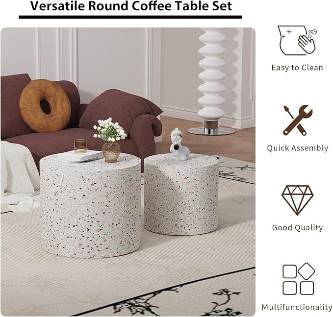 Round Nesting Coffee Table Set of 2 Circle Nested Coffee Tables Modern Terrazzo Coffee Table Set of 2 Wooden Drum End Side Tables for Living Room Bedroom Small Spaces (terrazzo)