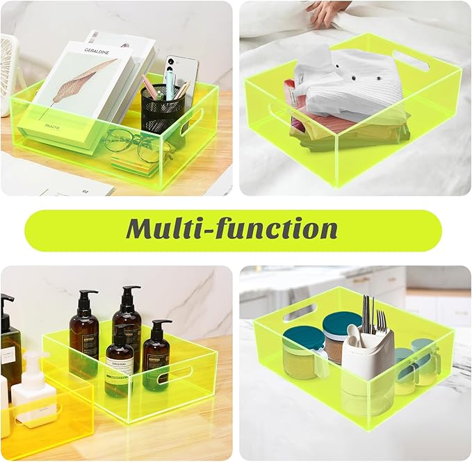 Acrylic Storage Bin Pantry Storage Container with Handles Kitchen Organizer Bin for Cabinet Cupboard Organization, Heavy Duty, 12.6 x 9.4 x 4'', Neon Green